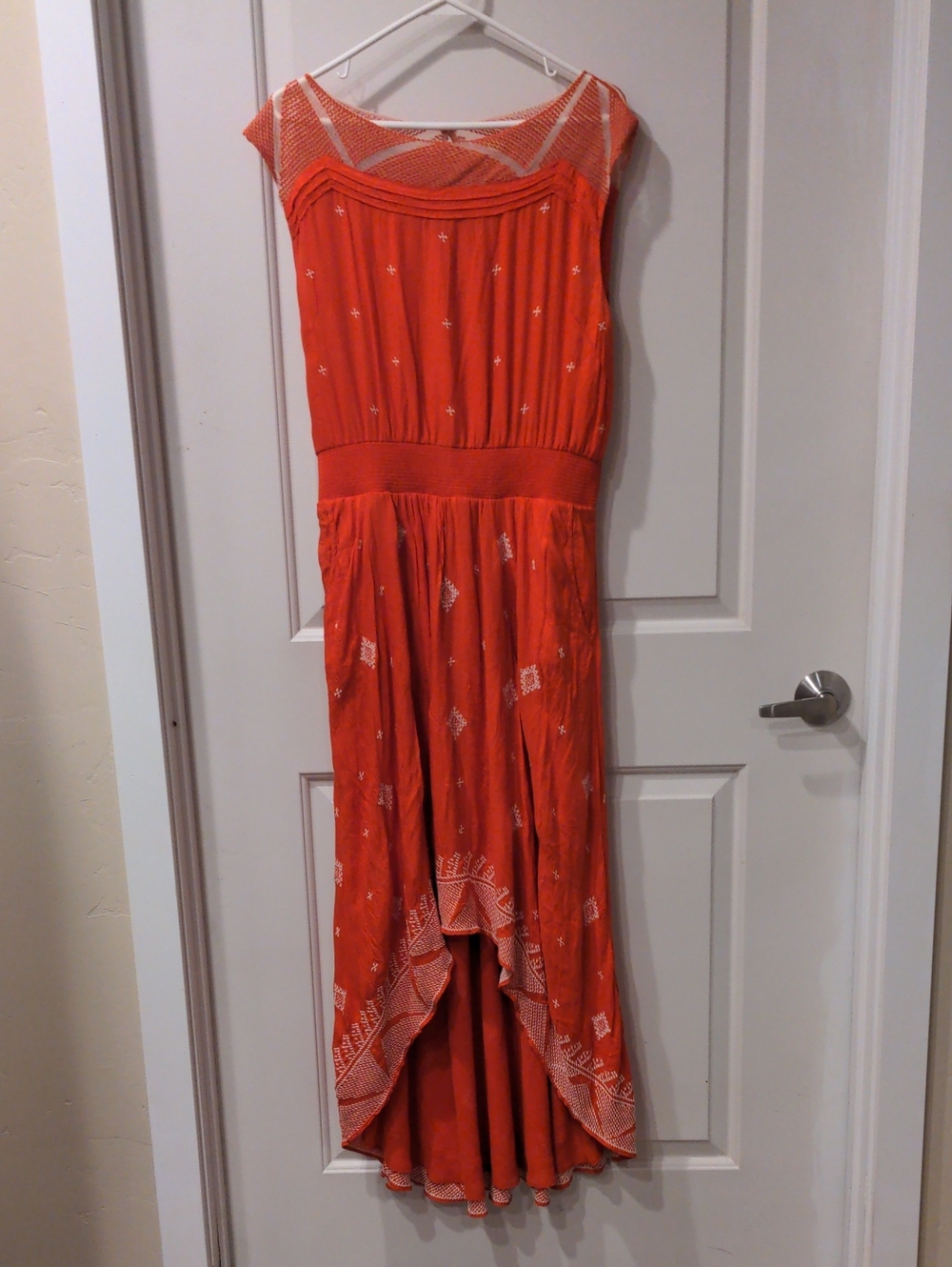 Red-Coral Bohemian Maxi Dress with White Embroidery